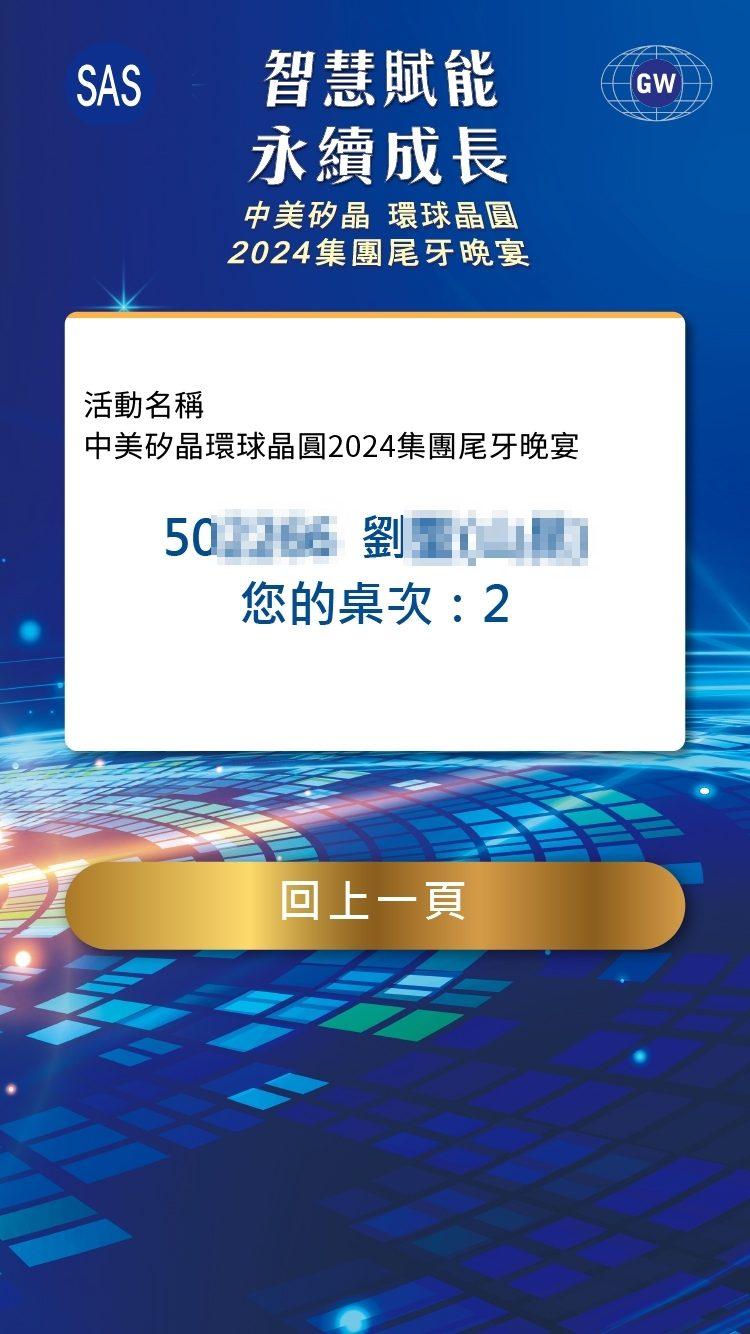 藍訊科技執行中美矽晶 環球晶圓2024集團尾牙晚宴1600人線上自行報到+桌次查詢+抽獎系統+客製化拉霸抽獎+得獎查詢系統+快拍印_即拍即印