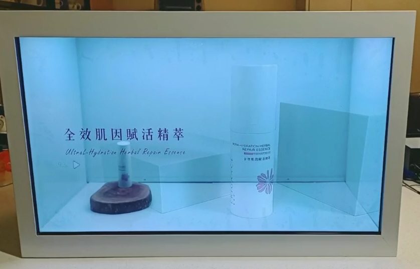 藍訊科技執行 32吋透明顯示器 愛芮肯保養品商用展示_透明螢幕展示櫃 虛實展演